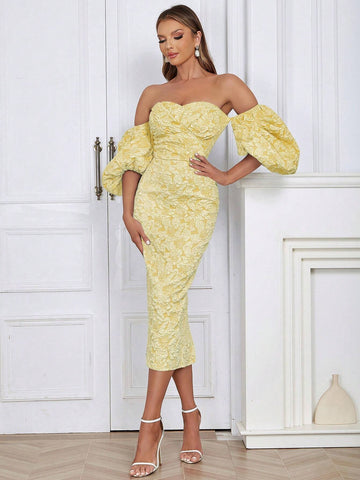 Simple & Sexy Off Shoulder Puff Sleeve Back Slit Bodycon Dress For Women