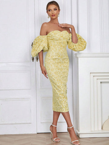 Simple & Sexy Off Shoulder Puff Sleeve Back Slit Bodycon Dress For Women