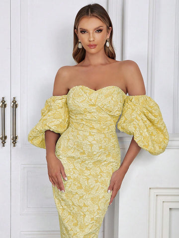 Simple & Sexy Off Shoulder Puff Sleeve Back Slit Bodycon Dress For Women