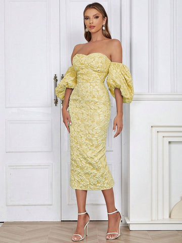 Simple & Sexy Off Shoulder Puff Sleeve Back Slit Bodycon Dress For Women