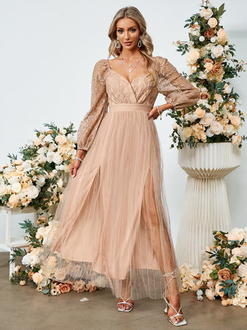 Simplee Contrast Lace Sweetheart Neck Split Thigh Mesh Dress