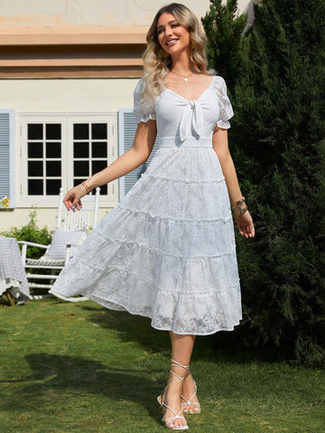 Simplee Knot Front Puff Sleeve Lace Dress
