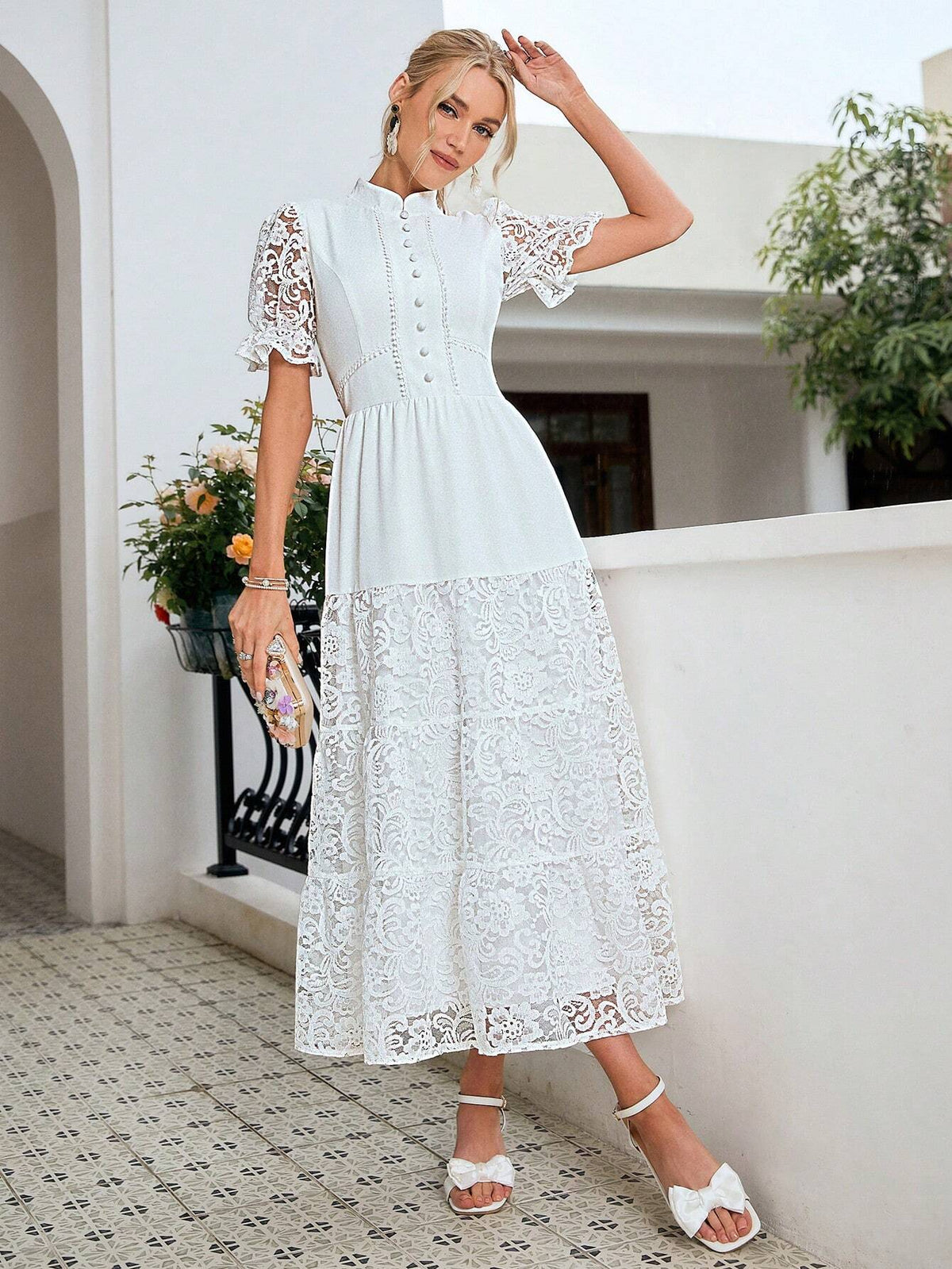 Simplee Lace Patchwork Solid Color Women Evening Dress, Suitable For Wedding And Other Occasions