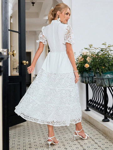 Simplee Lace Patchwork Solid Color Women Evening Dress, Suitable For Wedding And Other Occasions