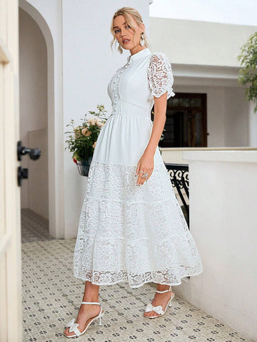 Simplee Lace Patchwork Solid Color Women Evening Dress, Suitable For Wedding And Other Occasions