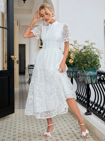 Simplee Lace Patchwork Solid Color Women Evening Dress, Suitable For Wedding And Other Occasions