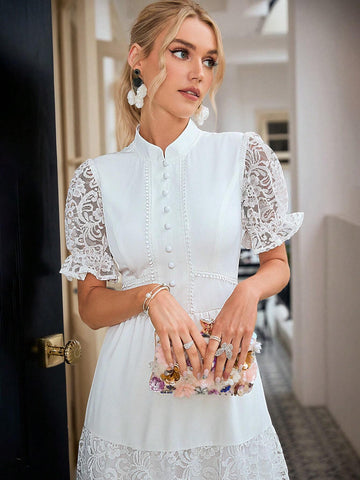 Simplee Lace Patchwork Solid Color Women Evening Dress, Suitable For Wedding And Other Occasions