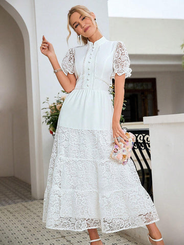 Simplee Lace Patchwork Solid Color Women Evening Dress, Suitable For Wedding And Other Occasions