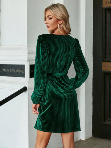 Simplee Ladies Dress With Lantern Sleeves, Criss-Cross Waist, Solid Color And Asymmetric Hem With Belt