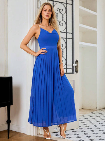 Simplee Pearl Beaded Spaghetti Strap Pleated Jumpsuit