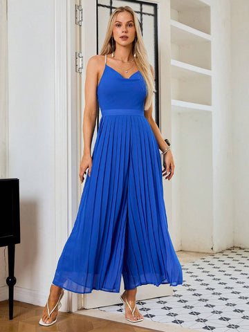 Simplee Pearl Beaded Spaghetti Strap Pleated Jumpsuit