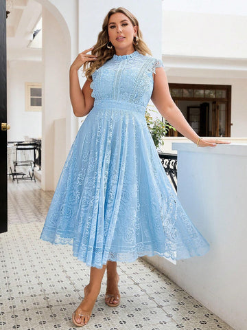 Simplee Plus Size Solid Color Lace Cocktail Dress