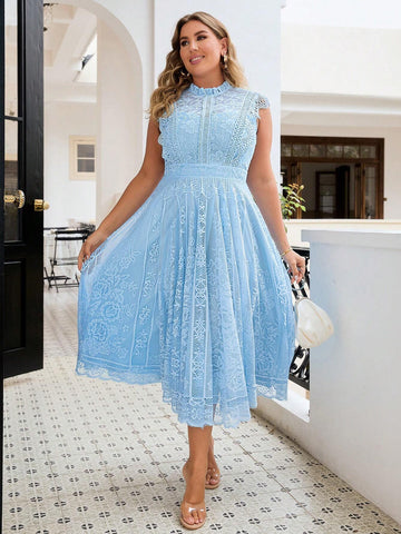 Simplee Plus Size Solid Color Lace Cocktail Dress
