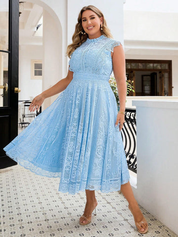 Simplee Plus Size Solid Color Lace Cocktail Dress