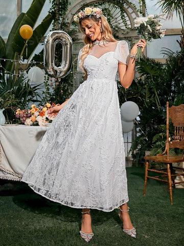 Simplee Puff Sleeve Lace Wedding Dress Without Veil