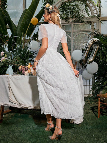 Simplee Puff Sleeve Lace Wedding Dress Without Veil