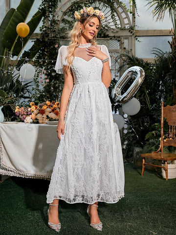 Simplee Puff Sleeve Lace Wedding Dress Without Veil