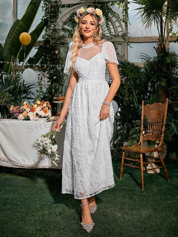 Simplee Puff Sleeve Lace Wedding Dress Without Veil