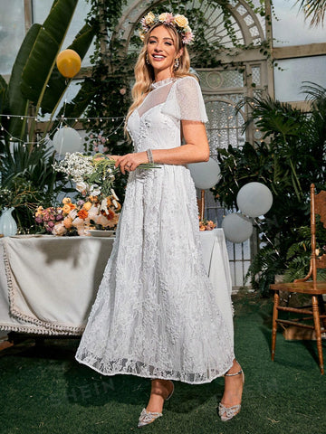 Simplee Puff Sleeve Lace Wedding Dress Without Veil