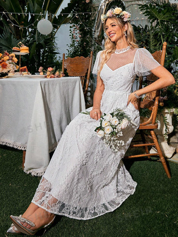 Simplee Puff Sleeve Lace Wedding Dress Without Veil