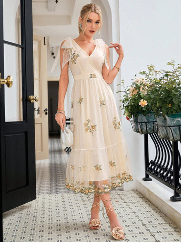 Simplee Summer Women Elegant Long Dress With Floral Embroidery, Mesh Shoulder And Knot Detail
