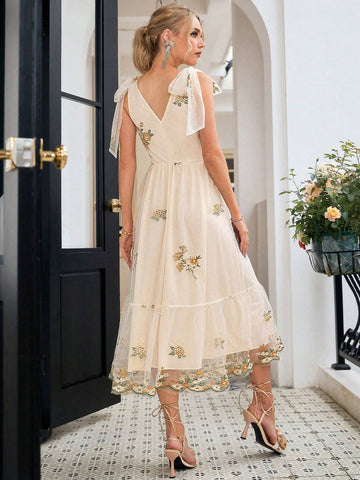 Simplee Summer Women Elegant Long Dress With Floral Embroidery, Mesh Shoulder And Knot Detail