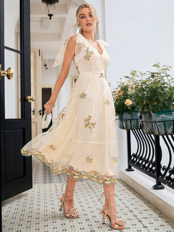 Simplee Summer Women Elegant Long Dress With Floral Embroidery, Mesh Shoulder And Knot Detail