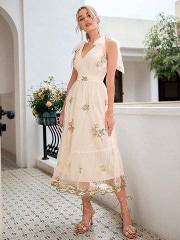 Simplee Summer Women Elegant Long Dress With Floral Embroidery, Mesh Shoulder And Knot Detail