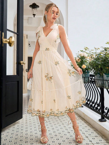 Simplee Summer Women Elegant Long Dress With Floral Embroidery, Mesh Shoulder And Knot Detail