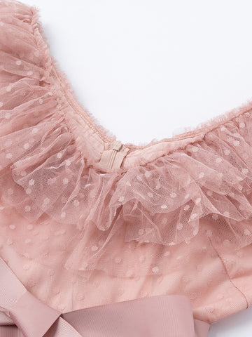 Simplee Swiss Dot Layered Trim Belted Mesh Dress