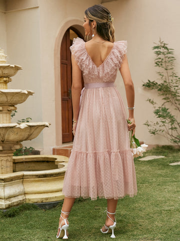 Simplee Swiss Dot Layered Trim Belted Mesh Dress