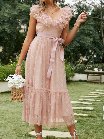 Simplee Swiss Dot Layered Trim Belted Mesh Dress