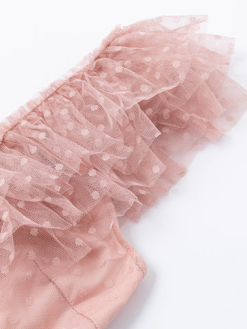 Simplee Swiss Dot Layered Trim Belted Mesh Dress