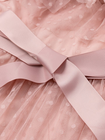 Simplee Swiss Dot Layered Trim Belted Mesh Dress