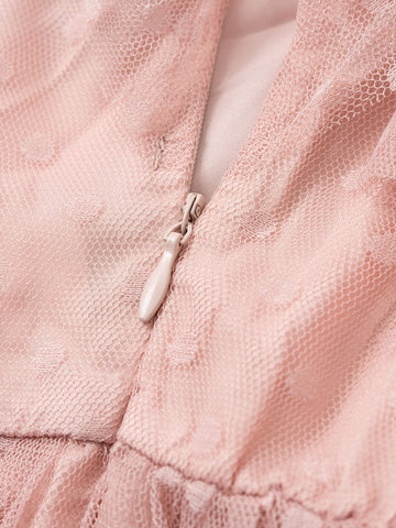 Simplee Swiss Dot Layered Trim Belted Mesh Dress