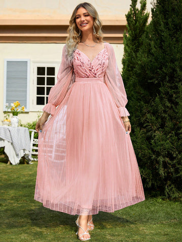 Simplee Women'S Plant Sequin Mesh Panel Long Sleeve Bridesmaid Dress (Adult)