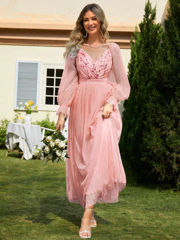 Simplee Women'S Plant Sequin Mesh Panel Long Sleeve Bridesmaid Dress (Adult)