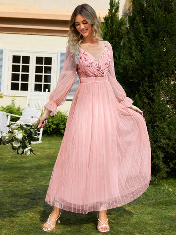 Simplee Women'S Plant Sequin Mesh Panel Long Sleeve Bridesmaid Dress (Adult)