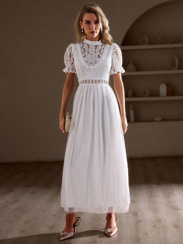 Simplee Women Lace Patchwork Hollow Out Dress