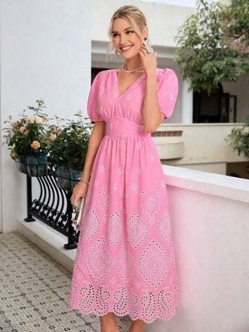 Simplee Women Simple Solid Color V Neck Embroidered Dress