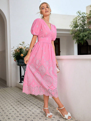 Simplee Women Simple Solid Color V Neck Embroidered Dress