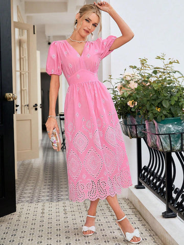 Simplee Women Simple Solid Color V Neck Embroidered Dress