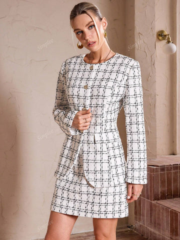 Simplee Women's Retro Elegant Black & White Plaid Tweed Long Sleeve Top And Mini Skirt Suit Set, Party Outfit