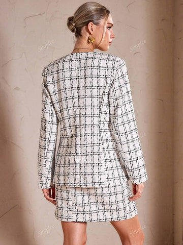 Simplee Women's Retro Elegant Black & White Plaid Tweed Long Sleeve Top And Mini Skirt Suit Set, Party Outfit