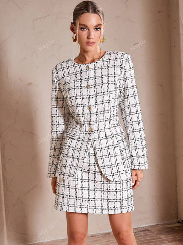 Simplee Women's Retro Elegant Black & White Plaid Tweed Long Sleeve Top And Mini Skirt Suit Set, Party Outfit