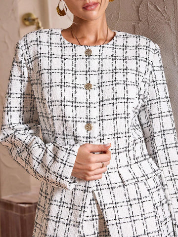 Simplee Women's Retro Elegant Black & White Plaid Tweed Long Sleeve Top And Mini Skirt Suit Set, Party Outfit