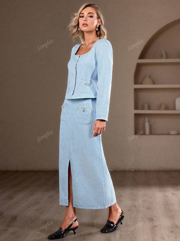 Simplee Women's Urban Chic Tweed Long Sleeve Top & Mini Skirt Set, Party Dress