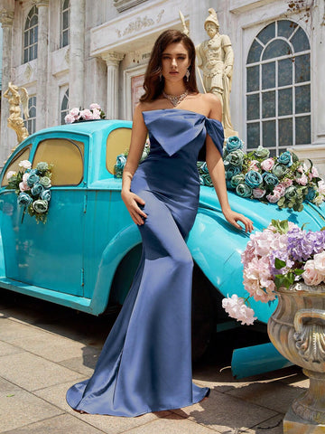 Simplicity Smog-Colored Bow Decoration Off-Shoulder Fish-Tail Hem Bridesmaid Dress