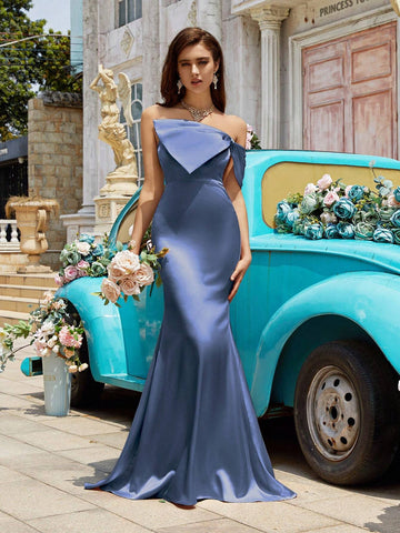 Simplicity Smog-Colored Bow Decoration Off-Shoulder Fish-Tail Hem Bridesmaid Dress