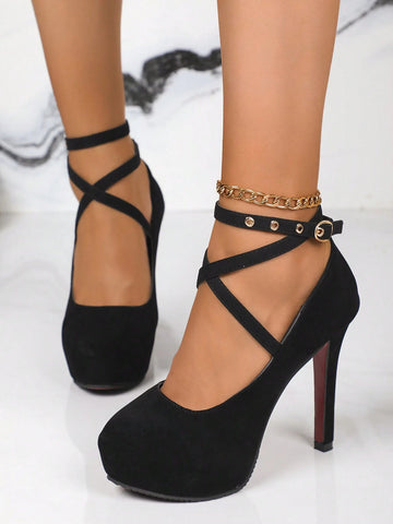 Single High-Heeled Shoe With Waterproof Platform, Buckle Strap, Pointed Toe, Black Color